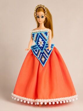 Vintage 1970 Topper Dawn Doll Blonde with Custom Blue Orange Beaded Gown Dress